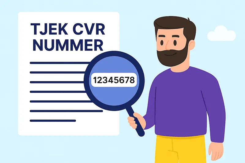 Mand med skæg analyserer CVR-nummer med lup foran rapport med økonomiske symboler og søjlediagrammer. Illustration i flad grafikstil, lyseblå baggrund med skyer.